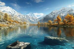 Majestic mountain river flows through vibrant autumn landscape surrounded by snow-capped peaks photo