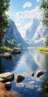 Mountain river flows through stunning landscape with rocky shore and towering peaks under bright blue sky photo