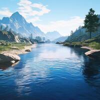 Majestic mountain river flowing through a lush valley under a clear blue sky photo