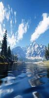 Explore the serene beauty of a mountain river under a clear blue sky with majestic peaks in the background photo