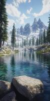 A lake surrounded by trees and mountains photo