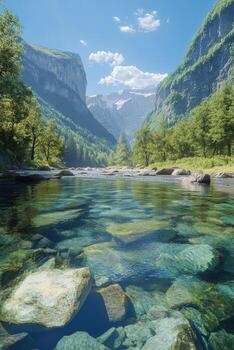 Mountain river flows gently through a serene valley under a bright blue sky with reflections in clear water photo
