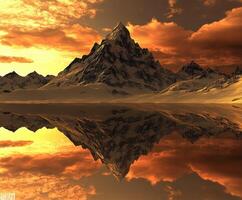 Majestic mountain river reflecting peaks during stunning sunset in a serene alpine landscape photo
