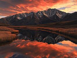 Majestic mountain river reflecting vibrant sunset sky and snow-capped peaks during peaceful evening in nature photo