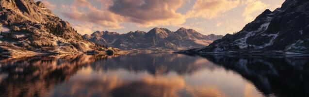 Mountain river reflects the colorful sky at sunset with majestic peaks in the background photo