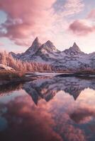 Mountain river reflecting majestic peaks under a soft pink sky at sunset photo