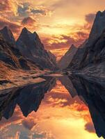 Majestic mountain river reflecting vibrant sunset with rugged peaks in serene valley photo