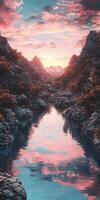 Mountain river reflecting sunset colors among rocky valleys and lush foliage during a tranquil evening photo