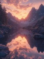 Stunning sunset reflects on a tranquil mountain river surrounded by towering peaks and lush trees photo
