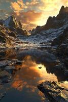 Mountain river reflects golden sunset amidst rocky terrain and towering peaks in a serene wilderness setting photo