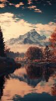 Mountain river reflecting fall foliage and distant peaks under a dramatic sky at dusk photo