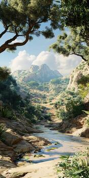 Mountain river flows gently through lush greenery under a clear blue sky, inviting tranquility and exploration in a serene landscape photo