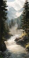 Flowing mountain river surrounded by lush forests and towering peaks at sunrise, creating a serene natural landscape photo