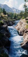Mountain river winding through rocky landscape under a clear blue sky with lush greenery photo