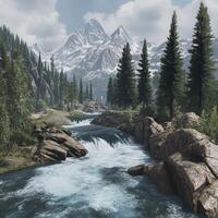 Mountain river flows through a lush green valley surrounded by towering snow-capped peaks on a clear day photo