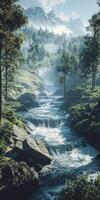 Bubbling mountain river flowing through a lush green landscape in the early morning light photo