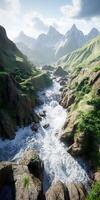 Mountain river flowing through rocky terrain surrounded by lush greenery and towering peaks during daylight hours photo