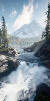 Flowing mountain river surrounded by trees and a majestic peak under a clear blue sky photo