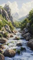 Mountain river flowing through a rocky landscape surrounded by lush greenery and towering peaks in bright daylight photo