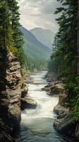 Mountain river flows through rocky canyon surrounded by pine forests and distant mountains in the afternoon sun photo