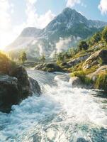 Mountain river cascading down rocks under a bright sky with mist and lush greenery in a serene landscape photo
