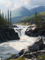 Mountain river cascading through rugged rocks under a clear sky in a serene wilderness area photo