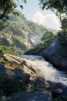 Flowing mountain river surrounded by lush greenery and rocky terrain under a bright sky photo