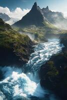 Mountain river flowing through rugged terrain under a clear sky near majestic peaks during daylight hours photo