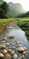 Peaceful mountain river meanders through lush green landscape during golden hour in nature's serene beauty photo