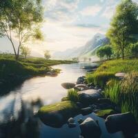 Mountain river flows gently through lush greenery under a bright sky at dawn photo