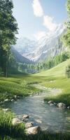 Mountain river flows through green meadows with snow-capped peaks under a clear blue sky photo
