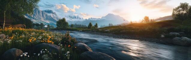 Mountain river flowing gently through vibrant wildflowers under a colorful sunset in a serene landscape photo