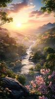 Mountain river winding through a vibrant valley at sunset with blooming flowers in the foreground photo