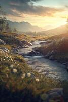 Mountain river flows through lush greenery at sunset in a serene landscape photo