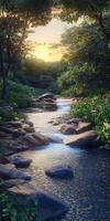 Mountain river flowing through a lush forest at sunset near a peaceful landscape photo