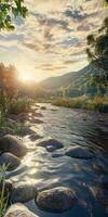 Mountain river flows gently under a vibrant sunset with distant hills in a serene landscape photo