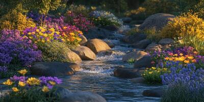 Colorful wildflowers bloom alongside a clear mountain river under bright sunlight photo