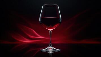 Wine glass filled with red wine on a reflective table with dark background and swirling red light photo
