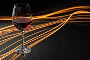 Elegant red wine glass reflecting light against a dark backdrop with swirling golden lines in the background photo
