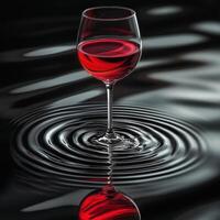 An exquisite red wine glass sits atop a dark, reflective surface, its presence creating gentle ripples in the glass photo