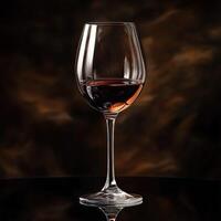 Elegant wine glass filled with red wine on a reflective surface against a dark background photo