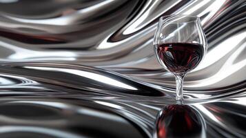 Elegant glass of red wine on reflective metallic surface showcasing a modern artistic ambiance photo