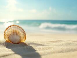 Seashell resting on the sandy beach with gentle waves in the background during a sunny day photo