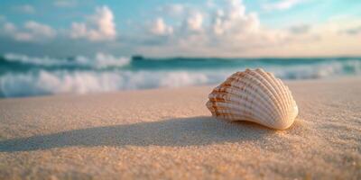 Scallop shell rests on sandy beach during sunset with gentle waves in the background photo