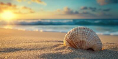 Beautiful seashell rests on sandy beach at sunrise near ocean waves under colorful sky photo