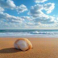 Seashell resting on sandy beach with waves gently crashing under a bright sky photo