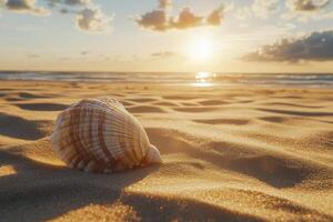 Seashell on sandy beach at sunset with gentle waves and colorful sky in the background photo