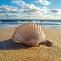 Beautiful scallop shell resting on sandy beach with gentle waves under a bright sky photo