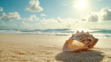 Beautiful seashell resting on sandy beach with waves and clouds during golden hour photo
