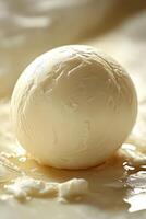 Fresh mozzarella ball glistening in its own whey, highlighting artisan cheese craftsmanship from the local dairy farm photo